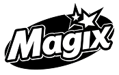 Magix logo in bold white text with black outline on black oval, featuring two star accents above the letter 'x'