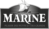 Marine logo featuring a stylized sailing ship above bold text and French phrase 'Plaisir des petits et des grands' on nautical-themed design