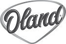 Oland brand logo in a triangular shape with blue script text