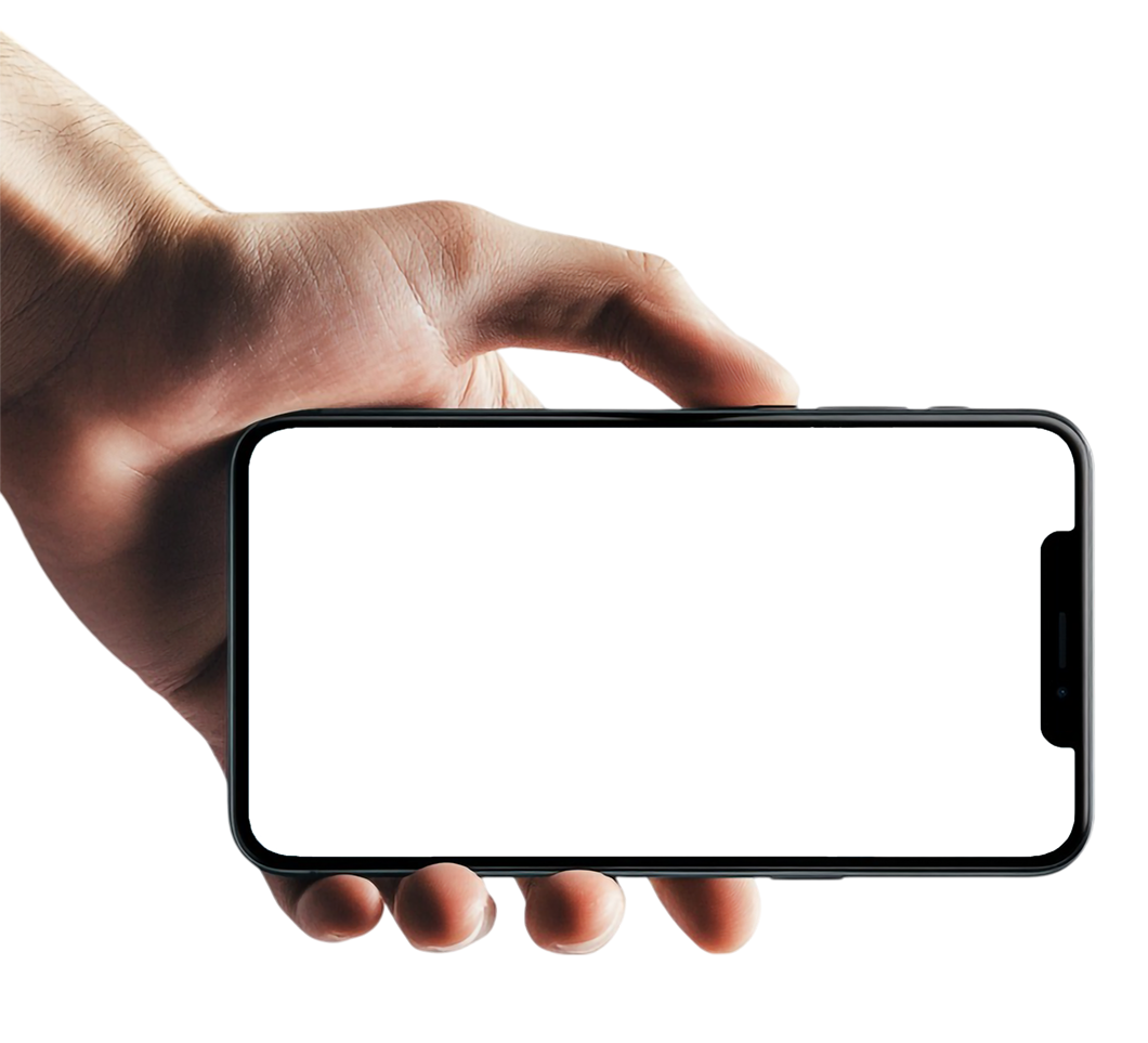 Close-up of a hand holding a black smartphone horizontally with a blank white screen