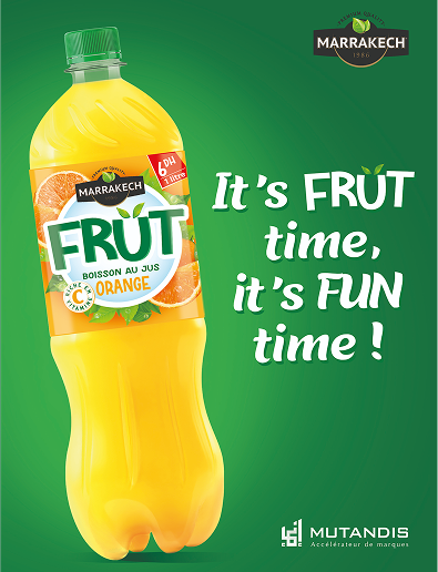 Marrakech FRUT orange juice bottle on green background with the slogan "It's FRUT time, it's FUN time!" and logo in the corner