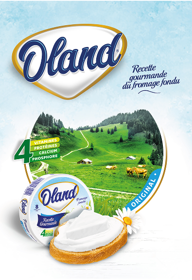 Oland original cheese spread with creamy cheese on bread, packaging, and green mountain landscape background showing vitamins and minerals benefits