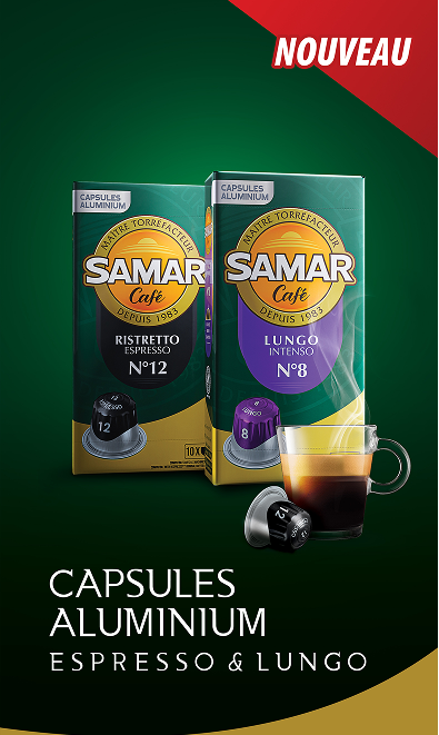 Samar Café aluminium coffee capsules Ristretto Espresso No.12 and Lungo Intenso No.8 with cup of espresso