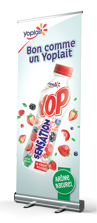 Yoplait YOP Sensation red fruit flavored yogurt drink banner with images of strawberries, blueberries, and raspberries, and text "Bon comme un Yoplait" and "Arôme Naturel"